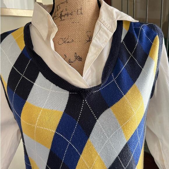 90s Vintage NY&Co Argyle Sweater Shirt Medium Faux Layered Y2K Preppy Academia - Picture 4 of 16